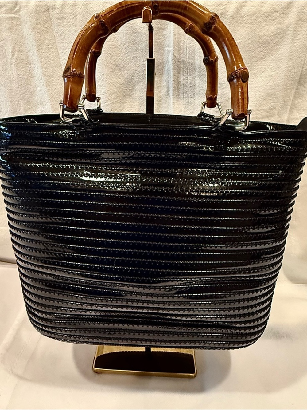 Vintage Gucci Black Patent Leather Handbag with Bamboo Handles